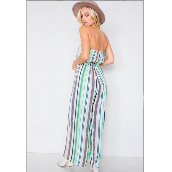 Anthropologie Le Lis Green Blue Striped Strapless Wide Leg Jumpsuit Pantsuit - Picture 6 of 16